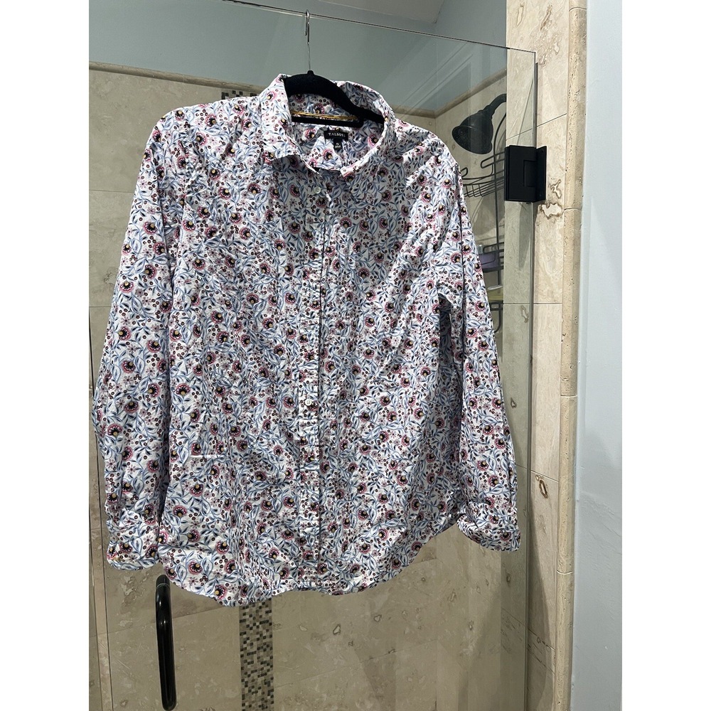 Talbots Xl Lotus Flower Long Sleeve Button-Down Shirt White Pink Blue Asian Fan